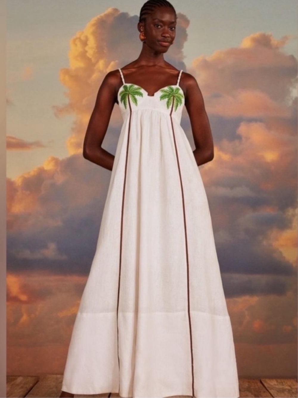 Farm Rio White Coconut Palm Tree Embroidered Linen Maxi Dress NWT Size S Small